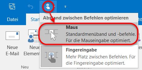 Outlook2016 Mausmodus aktivieren